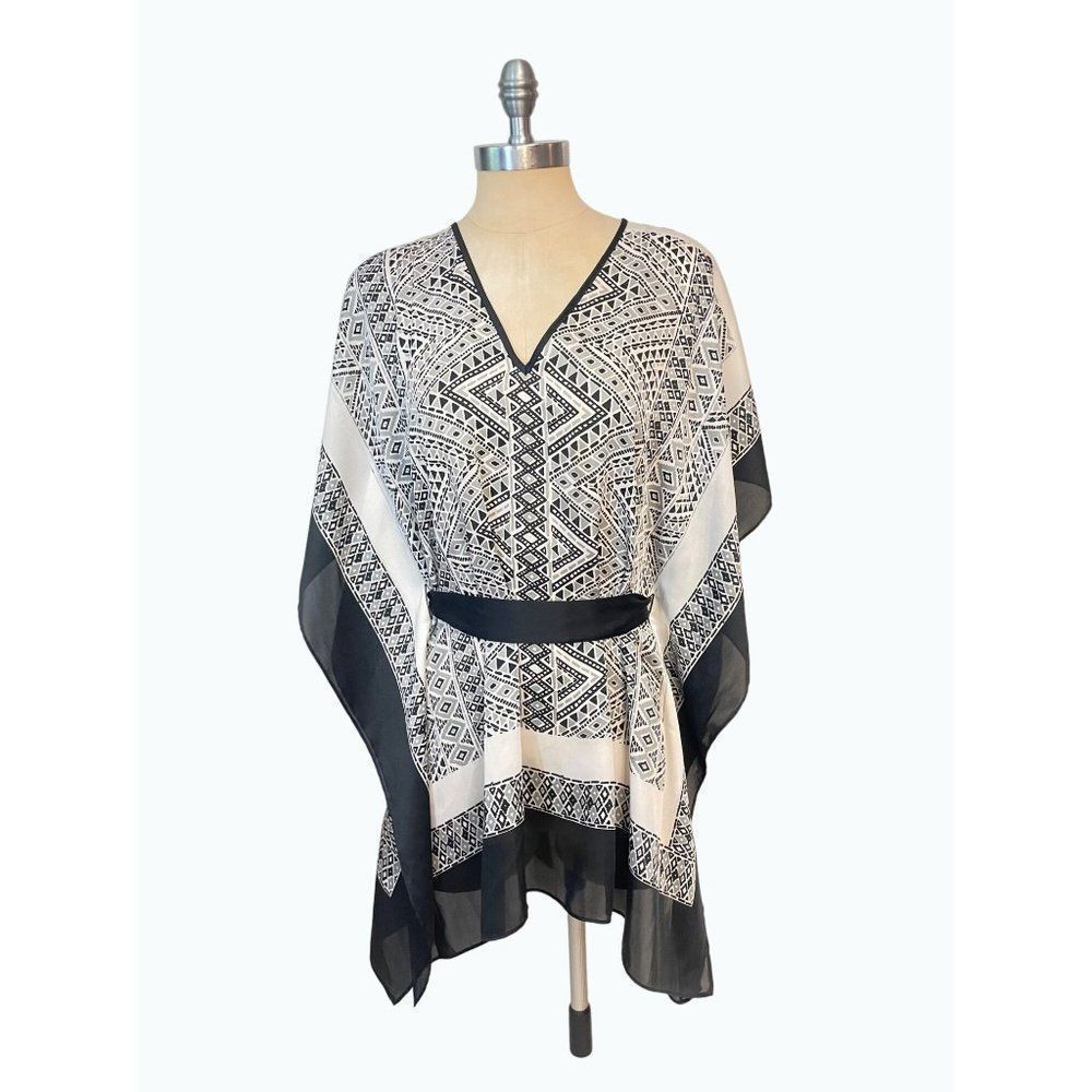 MICHAEL KORS Black White Kimono Sleeve Handkerchief Blouse Tunic S/M
